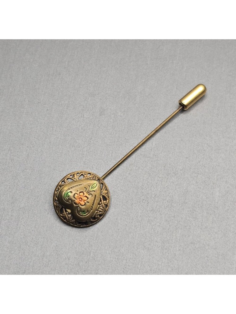 Vintage Victorian Revival Brass Heart Locket Stick Pin Enamel Floral Statement - Picture 2 of 12